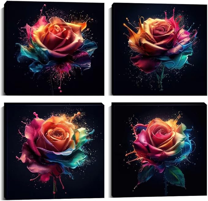 Pankila Colorful Rose Wall Art Rose Floral Pictures Canvas Prints Abstract Rose Flower Wall Decor for Living Room Bedroom Bathroom Home Decorations Framed Artwork (16''W x 16''H x 4)