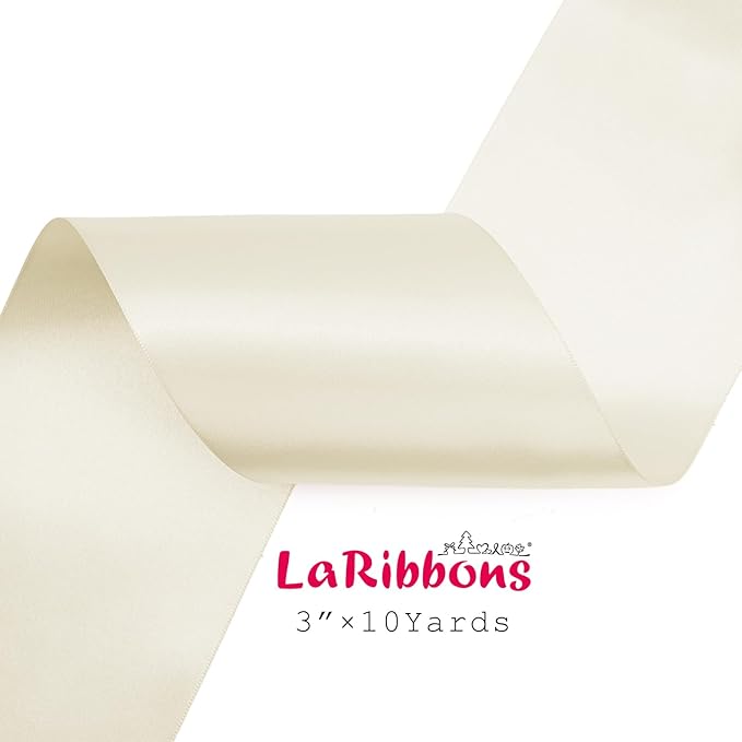LaRibbons Ivory Satin Ribbon 3 Inch x 10 Yards Double Faced Luxury Silk Ribbon for Christmas Gift Wrapping, Holiday Bows, Christmas Wreath Sash Wedding Decorations and Party Crafts