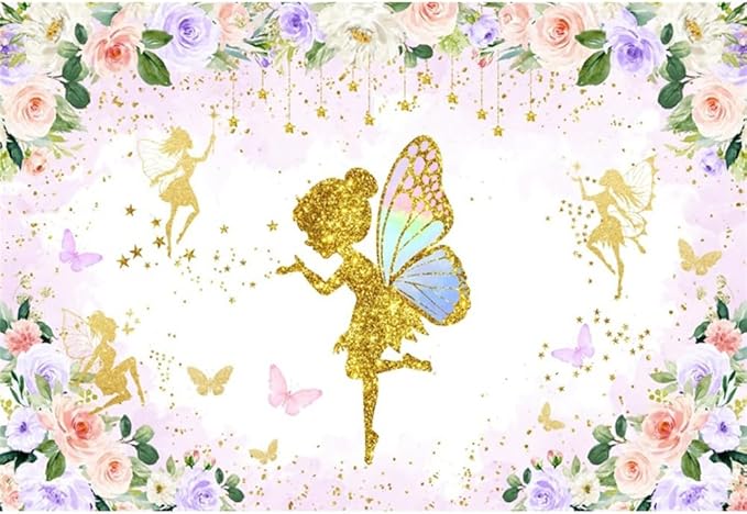 Renaiss 9x6ft Floral Fairy Backdrop Pink Gold Flower Butterflies Golden Glitter Princess Fairy Birthday Party Photography Background for Girl Baby Shower Decor Photo Studio Props
