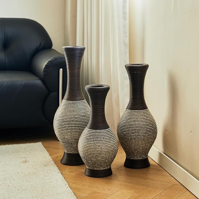 Floor PVC Decorated Vases Set of 3 for Gorgeous Home Decoration Large Classic PVC Vases 20in/24in/28in Height(Brown+White)