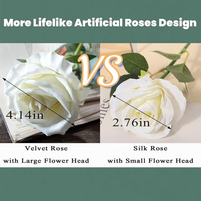 Artificial Roses 50PCS Large Velvet Rose 4.14" Real Touch Fake Flowers in Bulk for Flower Arrangement Wedding Centerpieces Home Party Decor (White)