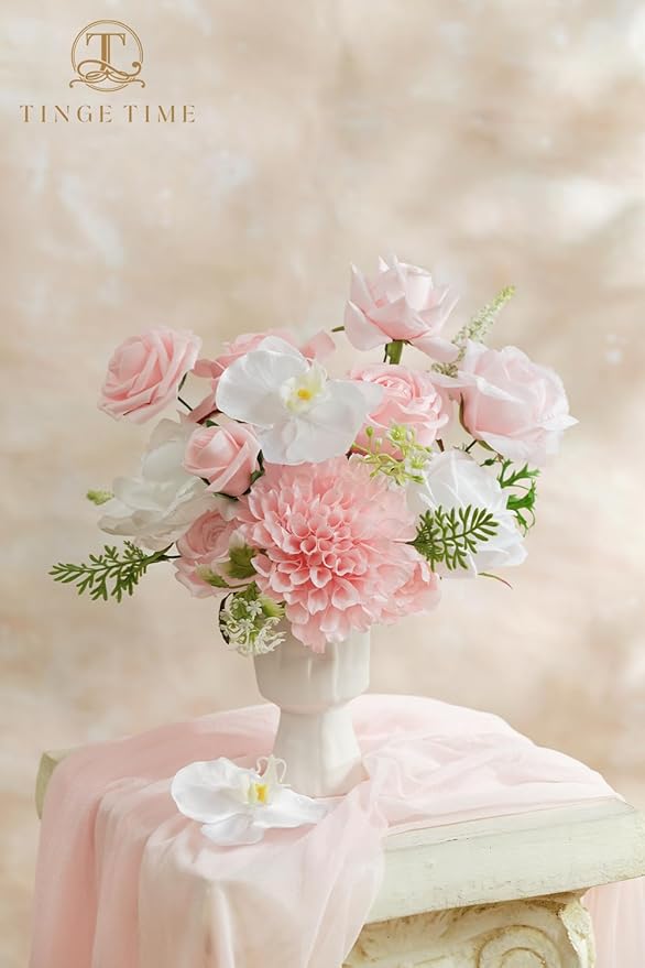 TINGE TIME Artificial Flowers Combo Mix Silk Flowers Pink Roses w/stem for DIY Wedding Bridal Bouquets Baby Shower Floral Arrangement Table Centerpieces Home Decorations (Blush Pink & White)