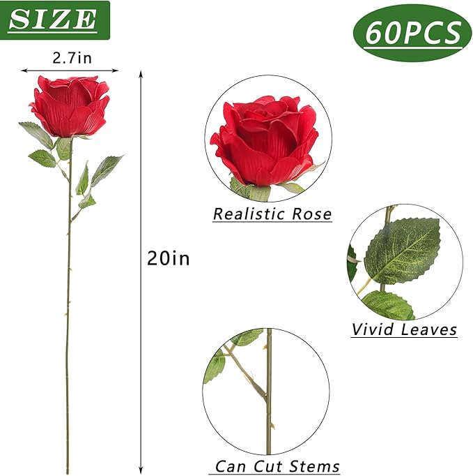 YXZZWL 60 Pcs Artificial Roses in Bulk, Fake Silk Roses Realistic Roses Stem Faux Roses Bouquet for Wedding Centerpieces Flower Arrangement Home Decor (Red)