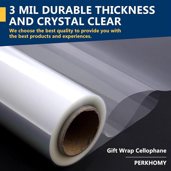 PerkHomy Clear Cellophane Wrap Roll 16" x 100' 3 Mil Thick Cellophane For Gift Basket Treats Goodie Wrapping Craft Flower Bouquet Plastic (Clear, 100ft (16in Width))