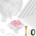 White Flower Wrapping Kit, 20 Sheet DIY Supplies, Bouquet Wrapping Paper, Mesh Paper, Wooden Sticks, Valentine's Day, Mother's Day, Graduation
