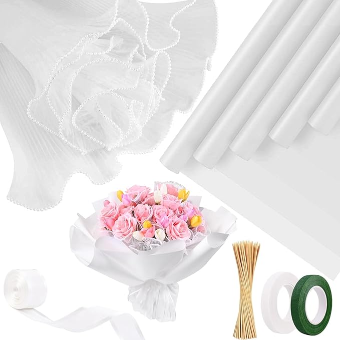 White Flower Wrapping Kit, 20 Sheet DIY Supplies, Bouquet Wrapping Paper, Mesh Paper, Wooden Sticks, Valentine's Day, Mother's Day, Graduation