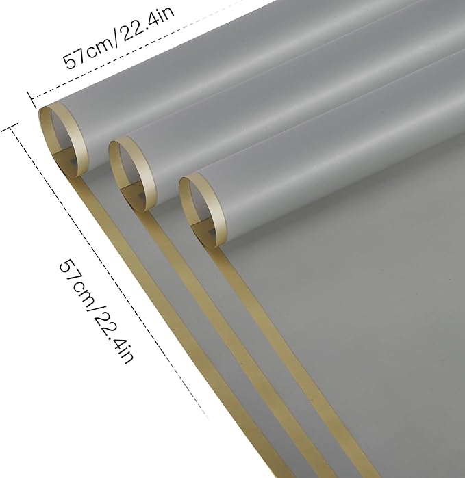WRAPAHOLIC 20 Sheets Flower Wrapping Paper - 22.4 x 22.4 inch Gold Trim Light Grey Water-Resistant Floral Bouquet Wrapping Paper, Florist Supplies Packaging Paper for Wedding Birthday Gift DIY