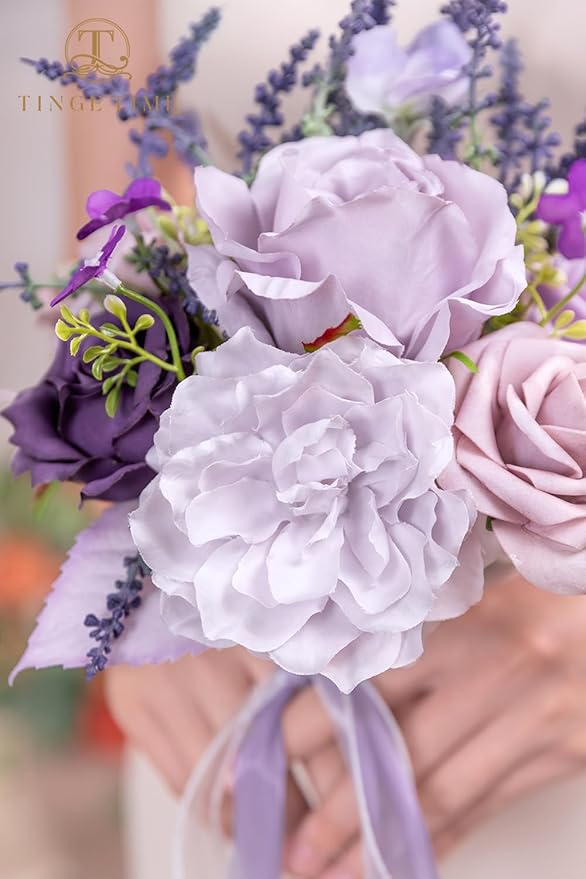 TINGE TIME 7 Inch Artificial Flowers Wedding Bouquets for Bridesmaid, Set of 4, Lavender Bride Tossing Bouquet for Rustic Wedding Ceremony Bridal Shower Rehearsal Dinner Vintage Party
