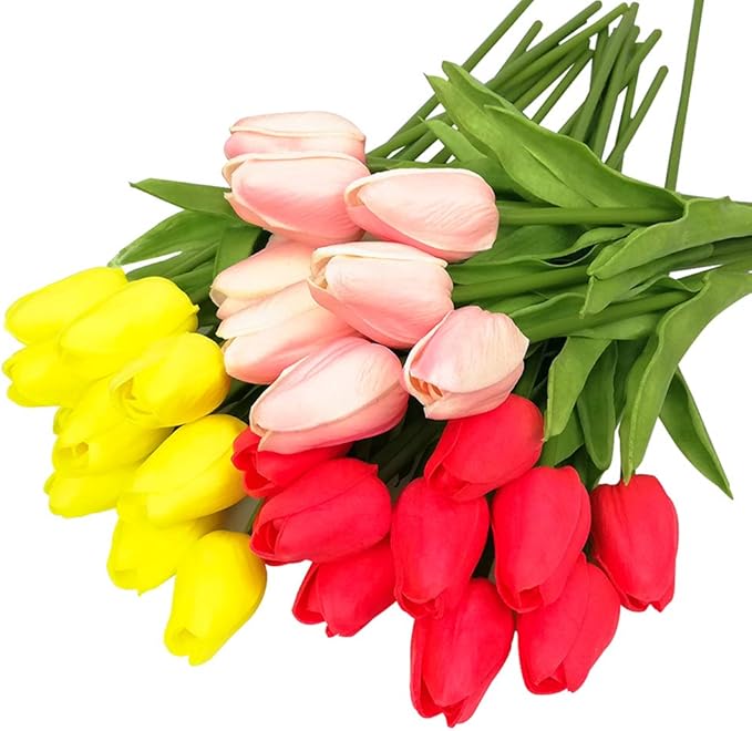 30pcs Artificial Tulips Flowers Real Touch Multicolored Tulips Fake Holland PU Tulip Bouquet Latex Flowers for Wedding Party Office Home Kitchen Decoration (Pink Yellow Red)