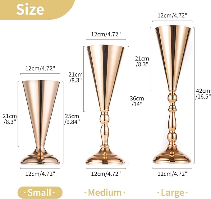 2 Pcs Tabletop Metal Wedding Flower Trumpet Vase, 9.8 inch Table Decorative Centerpiece, Artificial Flower Arrangements for Anniversary Ceremony Party Birthday Event Aisle Home Decoration (Gold)