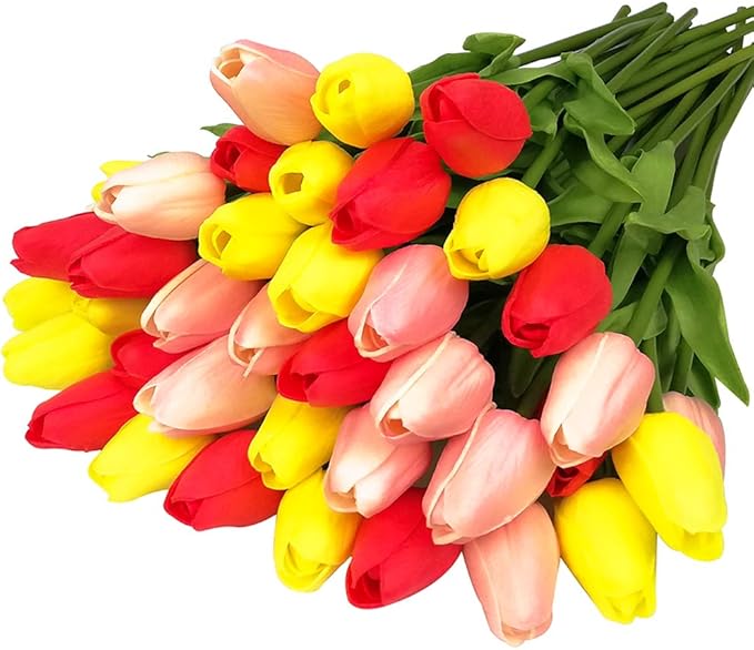 30pcs Artificial Tulips Flowers Real Touch Multicolored Tulips Fake Holland PU Tulip Bouquet Latex Flowers for Wedding Party Office Home Kitchen Decoration (Pink Yellow Red)