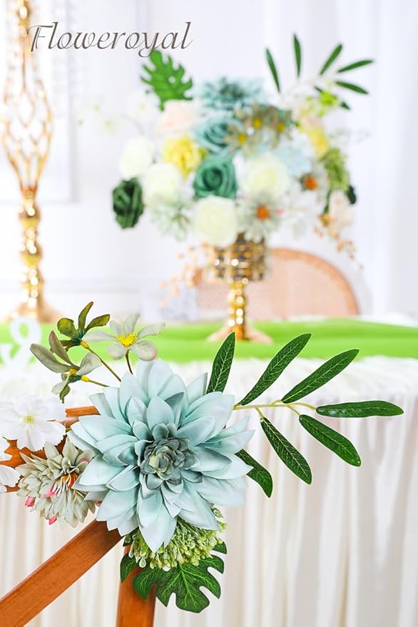 Floweroyal Artificial Flowers Combo Green Flowers Mix Silk Flowers Dahlia Roses with Stems for DIY Wedding Bridal Bouquets, Baby Shower, Floral Arrangement, Table Centerpieces, Home Decorations.