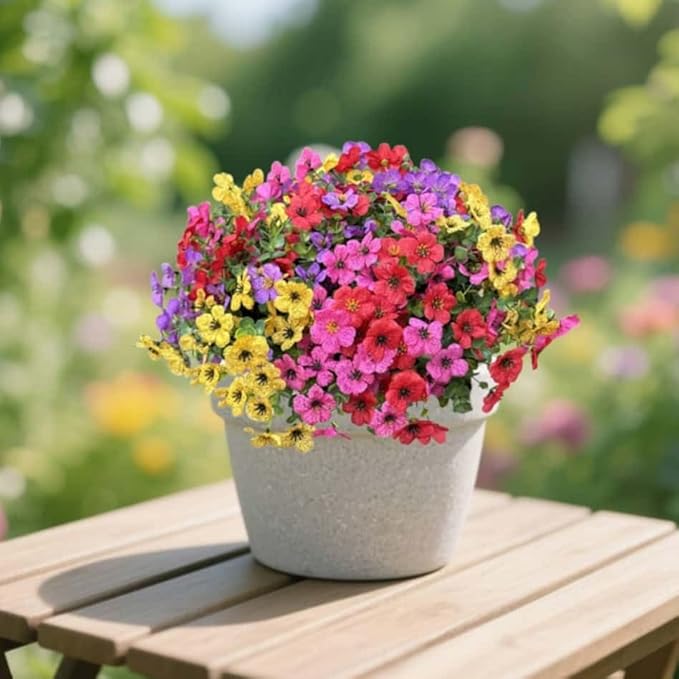 Artificial Flowers Outdoor UV Resistant Fake Plants, 12 Bundles Silk Daisy in Pots for Porch Patio Garden, Faux Potted Home Decor for Outside (Mix Pink, Red, Purple, Yellow)
