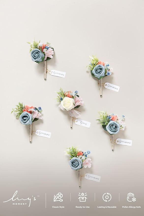 Ling's moment Boutonniere for Men, 6pcs Groom Groomsmen Boutonniere, Artificial Flowers for Wedding Decor/Prom/Homecoming, etc.Dusty Blue Cream