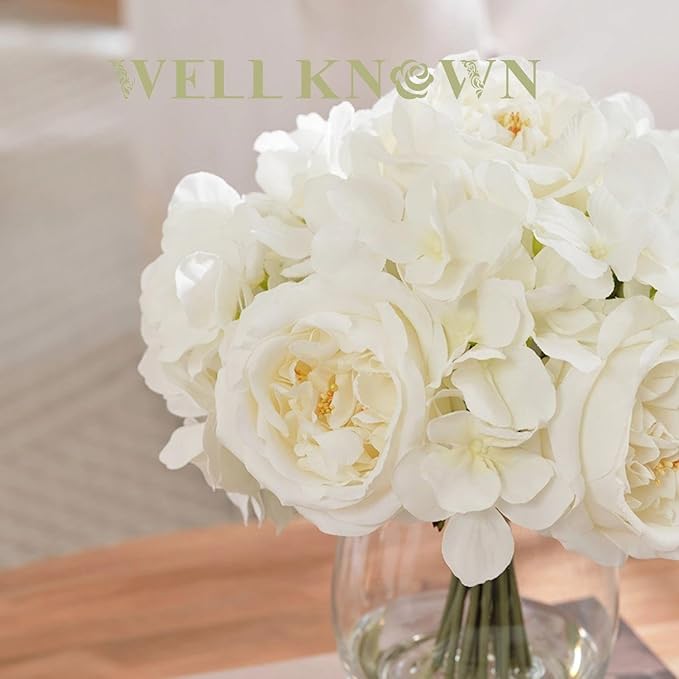 WELL KNOWN White Peonies Artificial Flowers with Hydrangea in Glass Vase with Fake Water, Fake Austin Rose Bouquet with Vase for Home Hotel Office Wedding Party Decor as Table Centerpieces & Gift
