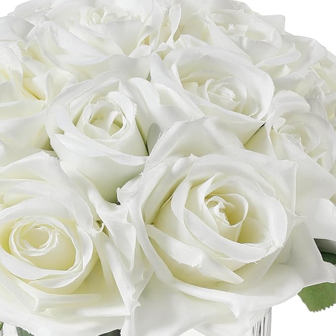 18 Heads Artificial Flowers in Vase with Fake Water, Faux Rose with Vase for Dining Table Bedroom Wedding Decor (Cream)