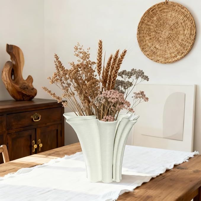White Ceramic Vase for Home Decor, Boho Artistic Irregular Shape Decorative Vase, Unique Modern Accent for Living Room Bedroom or Entryway