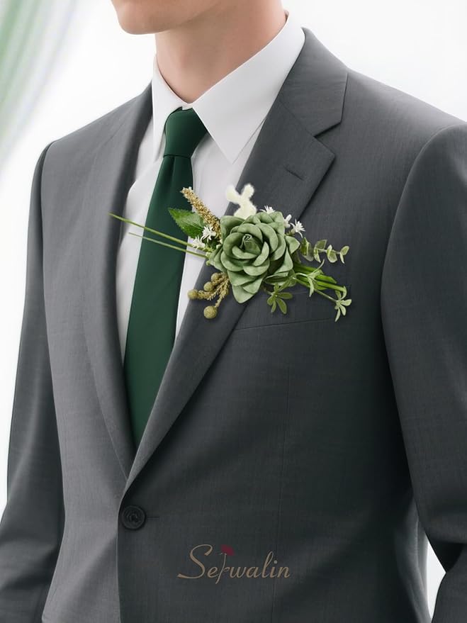 Serwalin Green Corsage and Boutonniere Set 2pcs, 6-7inch Boutonniere and Wrist Corsage Wristband Prom Flower Wedding Flowers Accessories Prom Suit Decorations