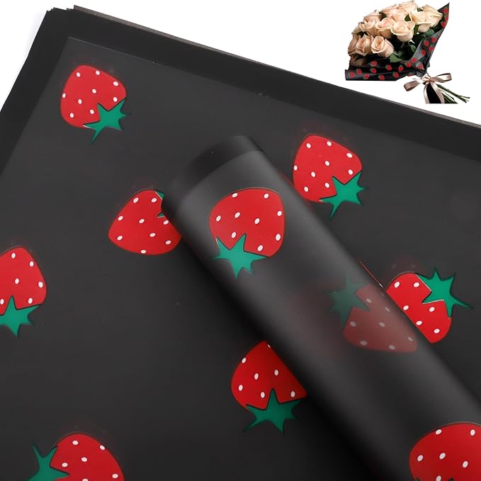 HLTOO 20 Sheets Flower Wrapping Paper, Bouquet Floral Packaging Paper with Strawberry Pattern, for Wedding, Party, Mother's Day, Birthday, and DIY Craft Florist Supplies (BlackBlack)