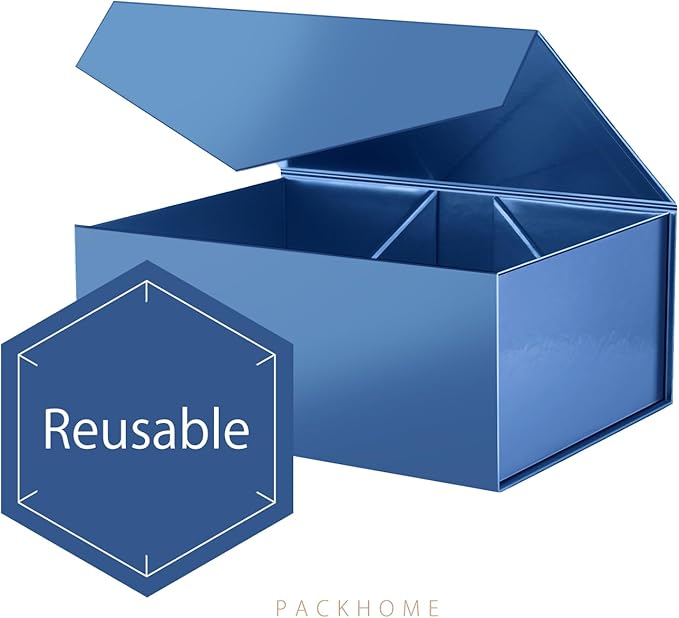 PACKHOME Gift Box 9x6.5x3.8 Inches, Rectangle Collapsible Box with Magnetic Lid for Gift Packaging (Glossy Navy)