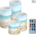 Flameless LED Battery Candles 4PCS Pillar Candles with 18-Key Timer Remote Colorful Light for Party Celebration Decor, Beach Mussel Starfish Seashell