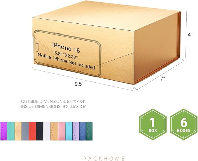 PACKHOME 6 Christmas Gift Boxes 9x6.5x3.8 Inches, Rectangle Collapsible Boxes with Magnetic Lids for Xmas Gift Packaging (Glossy Gold)