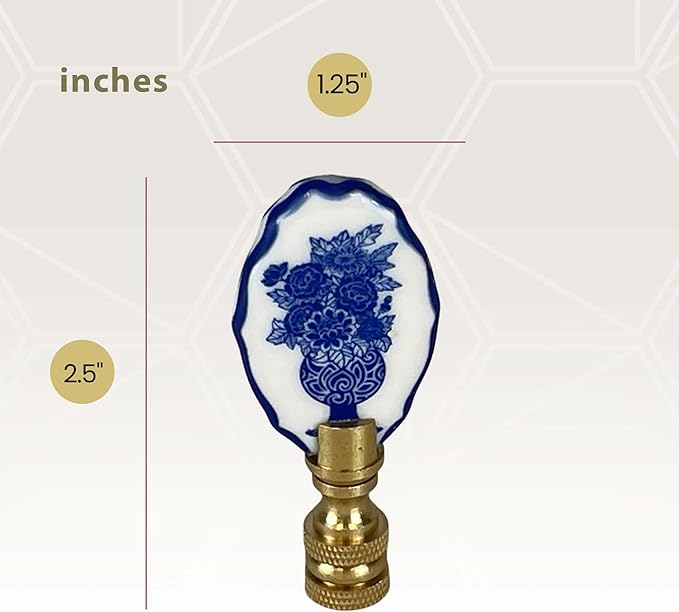 Royal Designs, Inc. Porcelain Oval Flowers Vase Design Finial for Lamp Shade, Polished Brass, Blue & White, Pack of 2