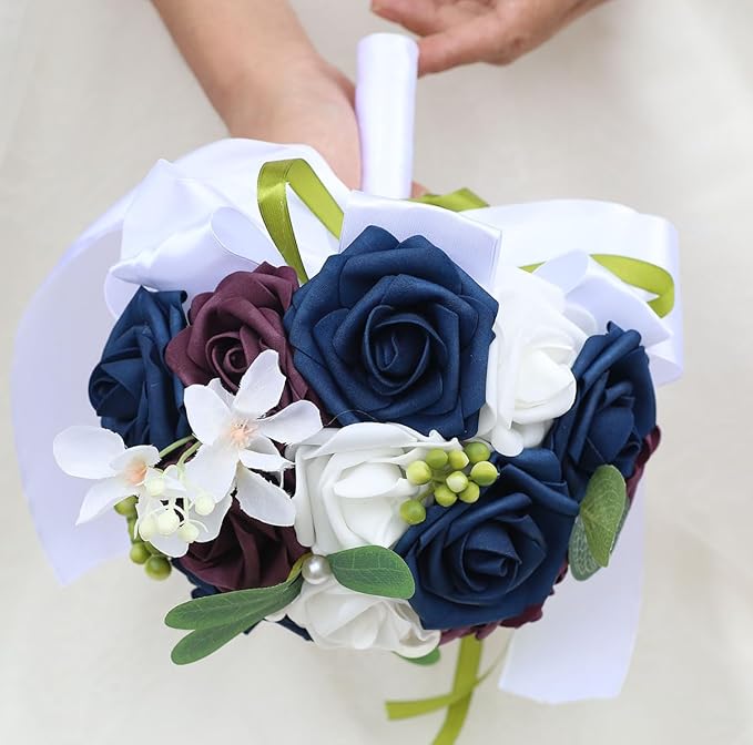 Lightweight Bridal Wedding Bouquet Round Holding Bouquet Throw Toss Artificial Rose Flower Bunch for Bride Bridesmaid Wedding Quinceanera (White, Navy & Dark Puce, 7.9")