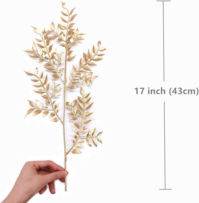 Fake Plants Leaves Christmas Decoration, PASYOU Gold Artificial Shrubs Grass Foliage Plastic Bulk Leaf Indoor Outdoor Home Garden Party Hotel Verandah Wedding Event Faux Decor Ornaments, Golden 5 Pack