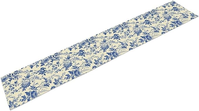 Vintage Blue Floral Table Runner, Retro Country Flowers Botanical Design Table Runner for Kitchen Dining Home Party Outdoor Indoor Decor, 13x36 Inch