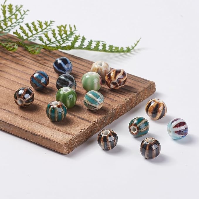 Beadthoven 100pcs Round Ceramic Beads 10mm Chunky Porcelain Beads for Jewelry Making Colorful Printed Vintage Handmade Chinese Ceramic Spacers Boho Jewelry Supplies for Bracelets Necklace Keychain DIY