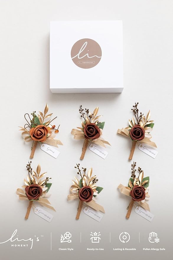 Ling's moment Boutonniere for Men, 6pcs Groom Groomsmen Boutonniere, Artificial Flowers for Wedding Decor/Prom/Homecoming, etc.Terracotta Orange