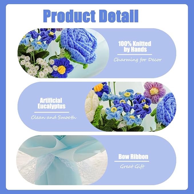 Handmade Crochet Rose Flower Bouquet: Artificial Knitted Rose Gift for Wife Mother Girlfriend for Festival Wedding Graduation Anniversary (Blue)