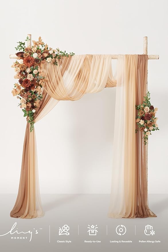 Ling's Moment Deluxe Wedding Arch Flowers with Sheer Drapes Kit - Artificial Walnut Brown Floral Arrangements for Ceremony Backdrop, Garden Arbor Decor, 5-Piece Set (2 Flower Stems + 3 Hanging Drapes)