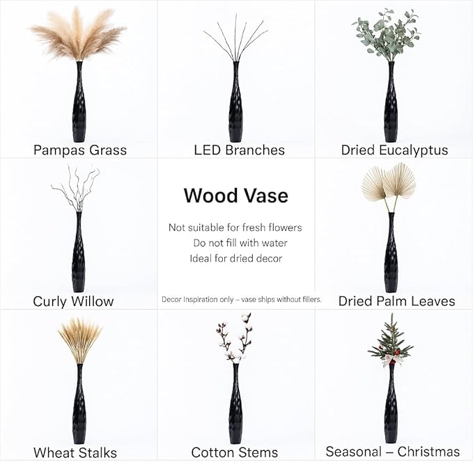 Leewadee Large Black Home Decor Floor Vase - Wooden 26 inch Tall Farmhouse Decor Flower Holder for Fake Plant and Pampas Grass