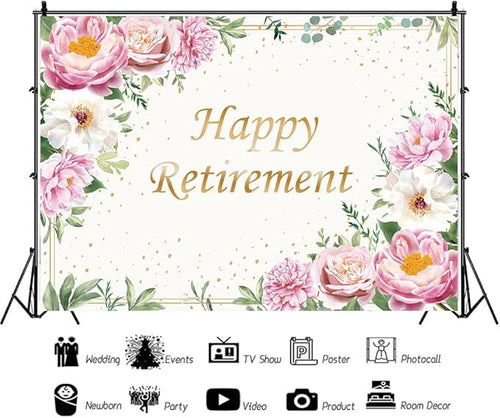 10x7ft Happy Retirement Backdrop for Women Pink Rose Gold Dots Retirement Party Banner White Floral Greenery Leaves Decoration Lady's Retirement Party Decor Congrats Retire Photo Booth Props