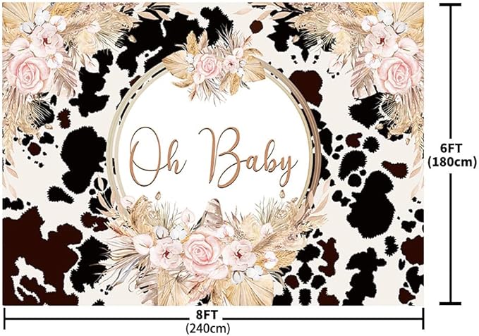 8x6ft Boho Holy Cow Baby Shower Backdrop Oh Baby Black and White Cow Print Bohemia Pink Floral Pampas Grass Photography Background Farm Theme Party Decoration Banner Supplies Photo Studio Props