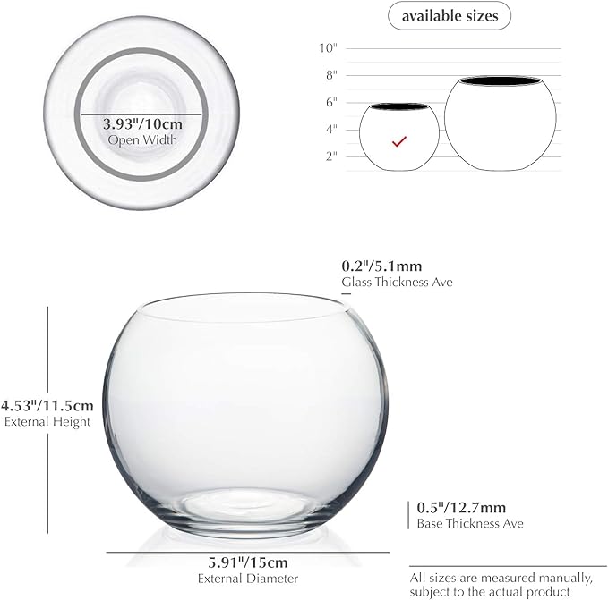 WGV Bowl Glass Vase, Diameter 6", Height 4.5", Open Width 4", (Multiple Sizes Choices) Clear Bubble Planter Terrarium Fish Bowl for Wedding Event Home Decor, 1 Piece (VBW0006A)