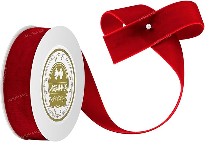 Red Velvet Ribbon - 1 inch x 5 Yards for Gift Wrapping, Crafts, Christmas Decor, Bow Making, Vintage Fabric DIY