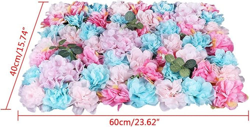 12PCS Flower Wall Panels, 3D Silk Floral Wall Backdrop, Realistic Blue Pink Eucalyptus and Dahlias Flower Backplanes, Roll Up Fake Flower Background for Valentines Wedding Party Home Decoration