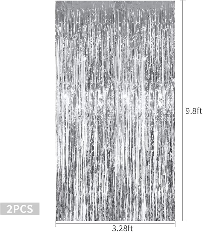 TONIFUL 2Pcs Silver Metallic Tinsel Foil Fringe Curtains,Black Photo Booth Backdrop Streamer Curtain Photo Booth Props for Bachelorette Party,Birthday,Graduation,Christmas Decor(6.6ft x 9.9ft)