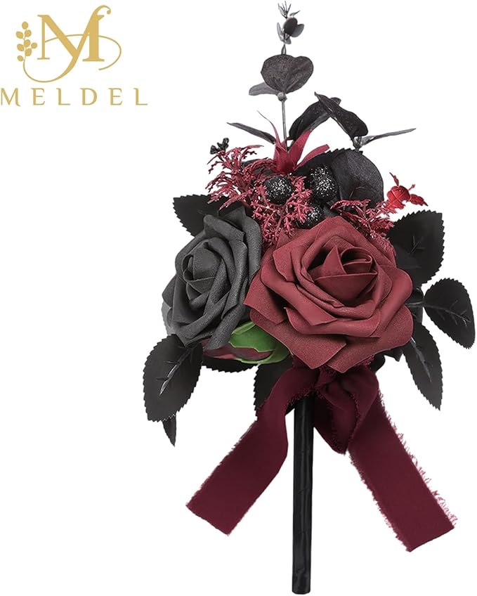 Meldel Wedding Flowers Fake Rose Mini Bridesmaid Bride Bouquets Black Burgundy Set of 6 Small Floral Wedding Centerpieces Decor Artificial Flower Arrangements for Tables Home Party Decorations