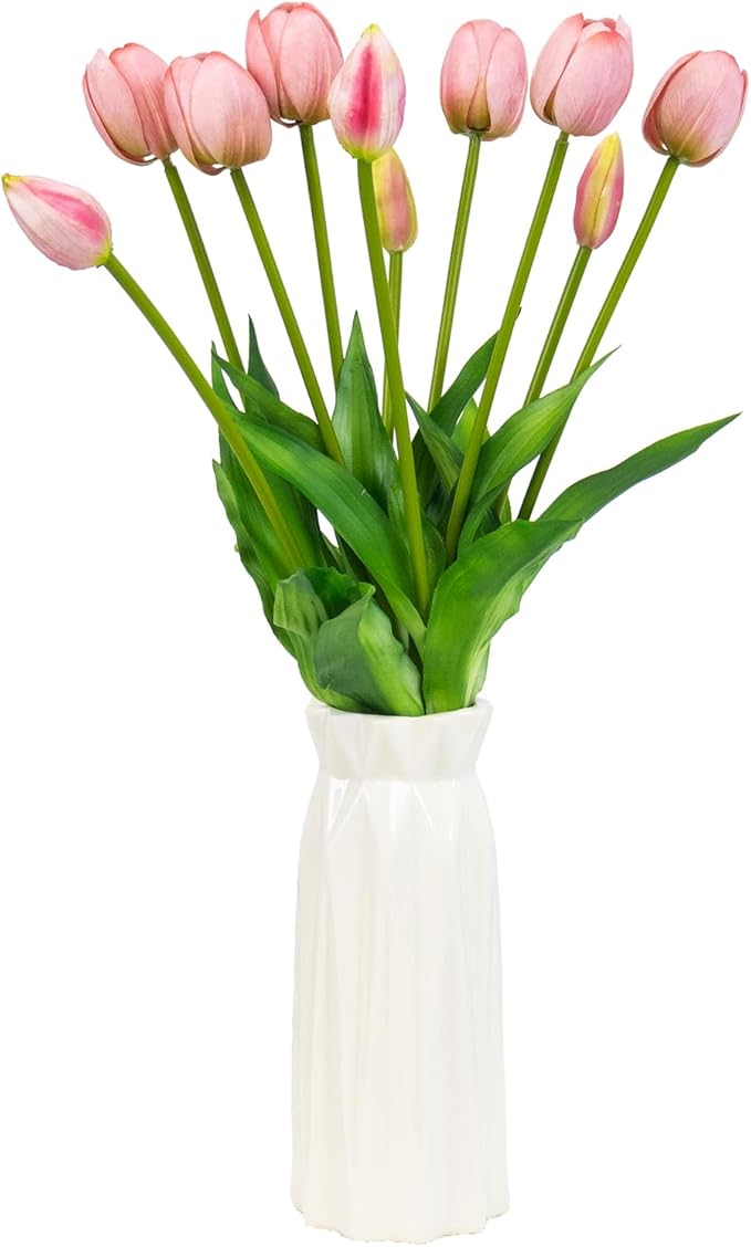 10 Pack Real Touch Tulips Artificial Flowers, 15.7 Inch Bendable Latex Tulips - No Maintenance Faux Flowers for Vase, Home Decor, Wedding Centerpiece (Pink)