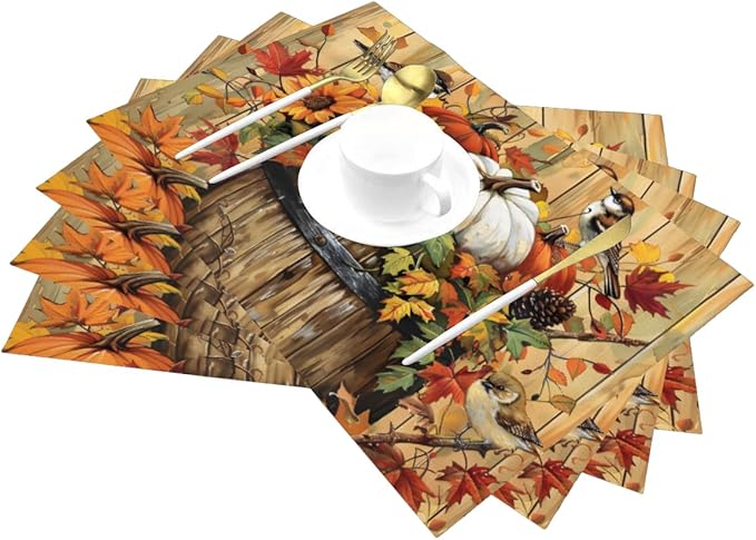 PVC Placemats Set of 4 Wipeable Table Mats Washable Heat Resistant Non Slip Vinyl Dining Table Mat for Kitchen Indoor Outdoor Patio Farmhouse Place Mats Retro Wooden Fall Bird Decorative
