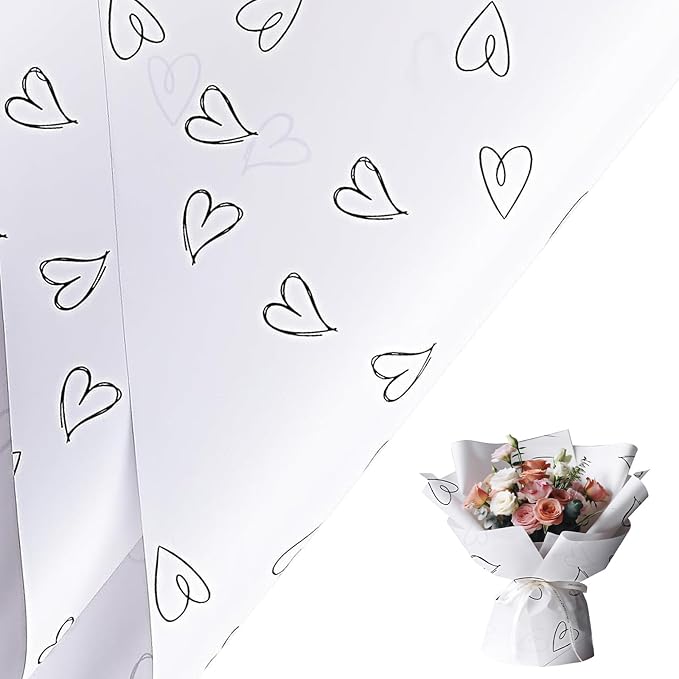 LeZakaa 20 Sheets Valentine Flower Wrapping Paper, White with Black Heart Pattern Waterproof Floral Bouquet Paper, for Valentines, Mothers Day, Party, Romantic Birthday, Wedding, Anniversary