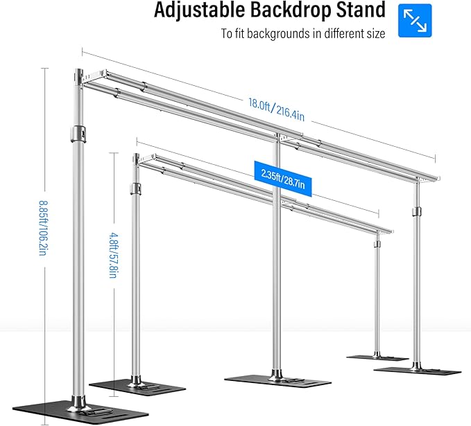 soonpho 10x20ft Heavy Duty Backdrop Stand Kit Double Crossbar Pipe and Drape Stand Kit Metal Frame with Flat Base for Wedding, Birthday Party Event, Banquet Decorations and Trade Shows