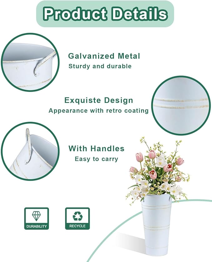 9 Inch Galvanized Metal Vases for Flowers - 2 Pcs Farmhouse Decorative Tall Flower Bucket with Handles, Rustic French Tin Planter Buckets for Wedding Decor (Vintage White)