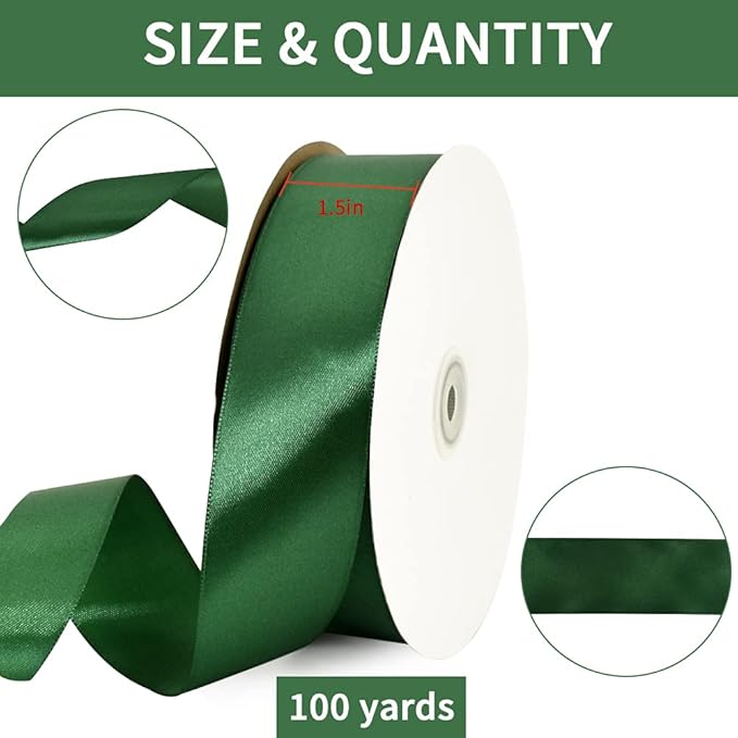 TONIFUL 1-1/2 Inch (40mm) x 100 Yards Dark Green Wide Satin Ribbon Solid Fabric Ribbon for Gift Wrapping Chair Sash Valentine's Day Wedding Birthday Party Decoration Hair Floral Craft Sewing Christmas