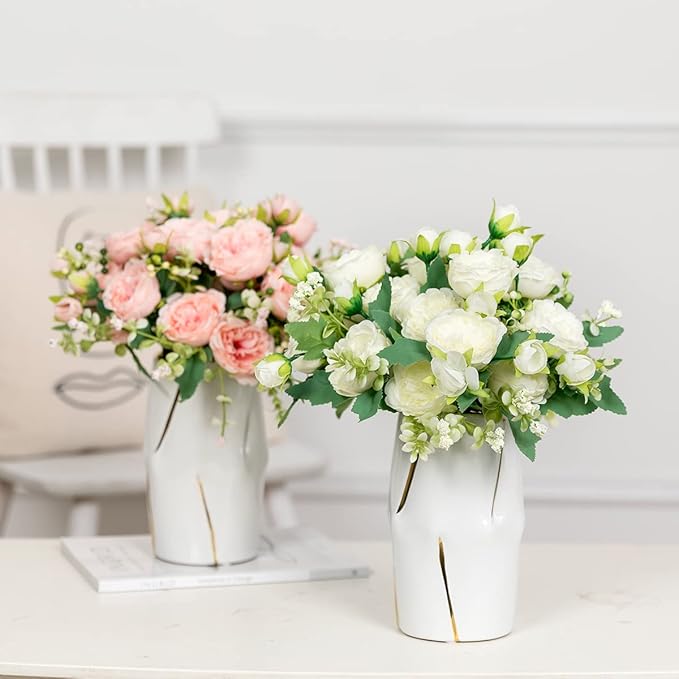 Floweroyal 2 Bunches Peony Artificial Flowers White Flowers Silk Peonies Bouquets for Wedding Party Table Centerpieces Floral Arrangement Home Kitchen Decor