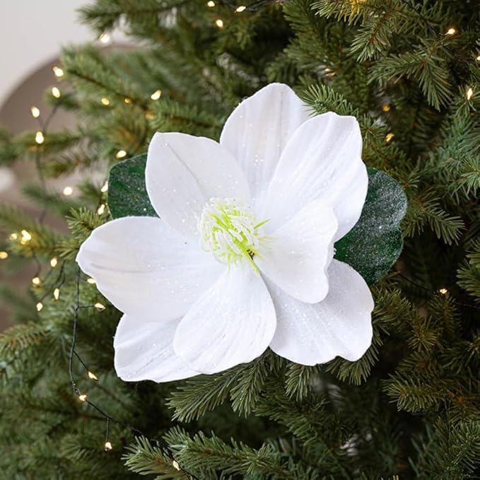 Artificial Magnolia Flowers with Glitter, Foldable Christmas Tree Decor for Holiday, Wedding, Home Vase Arrangements (Gold)